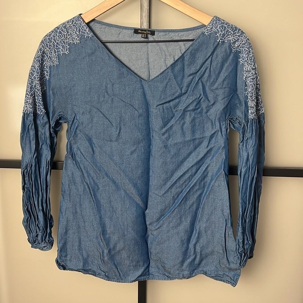Massimo Dutti Embroidered Chambray Peasant Top NWT Size 2